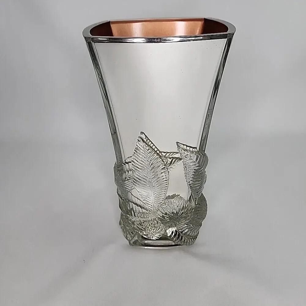 Arthur Court‎ Mirrored and Pressed Glass Vase 9.75in Tall Stylized Foliage Italy